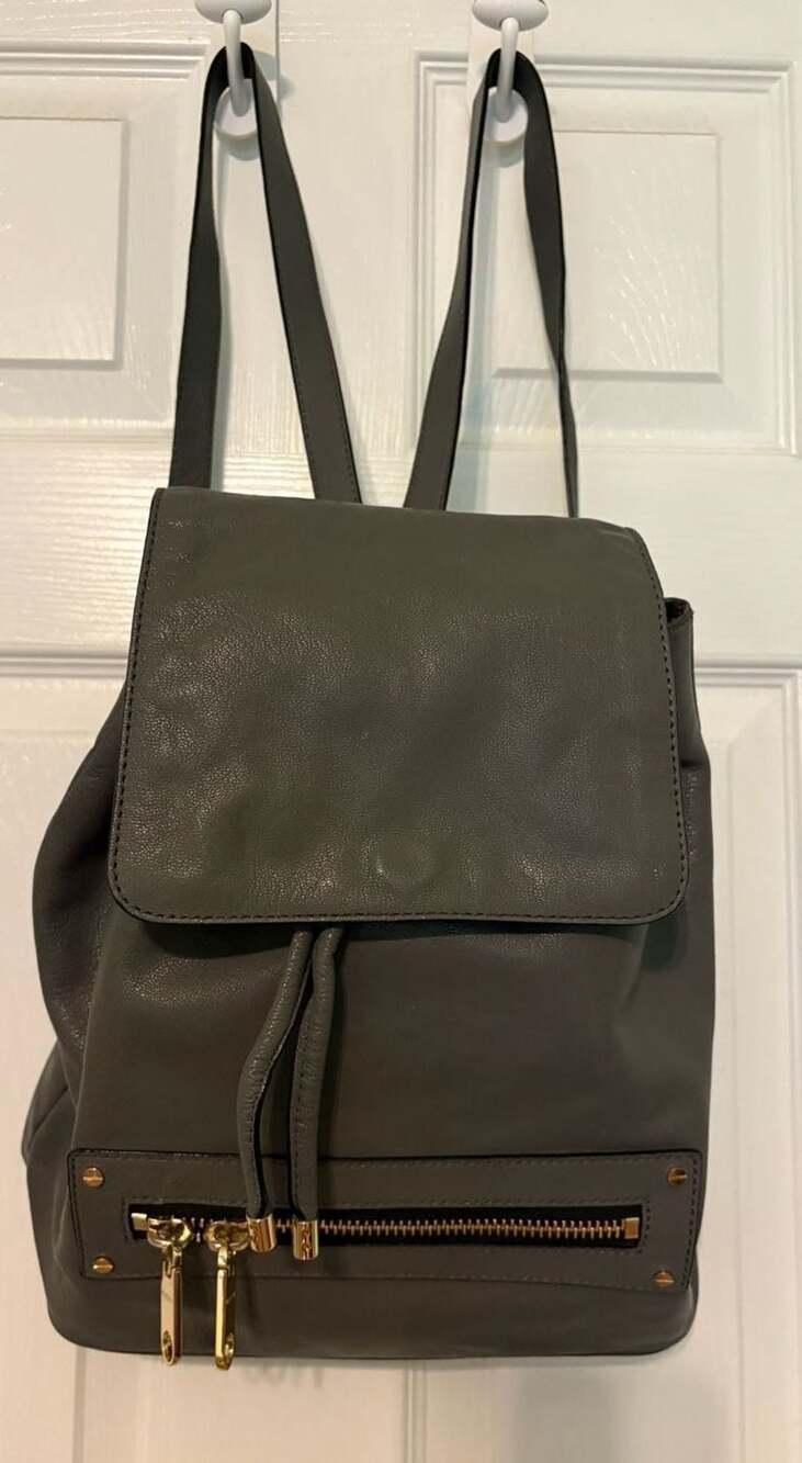 Flawed condition, Milly Grey Leather Backpack Purse w/ Gold Hardware